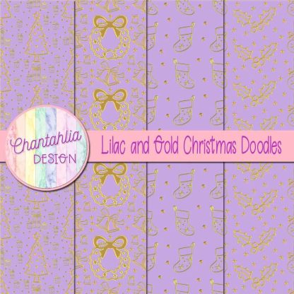 Free lilac and gold christmas doodles digital papers