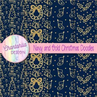 Free navy and gold christmas doodles digital papers