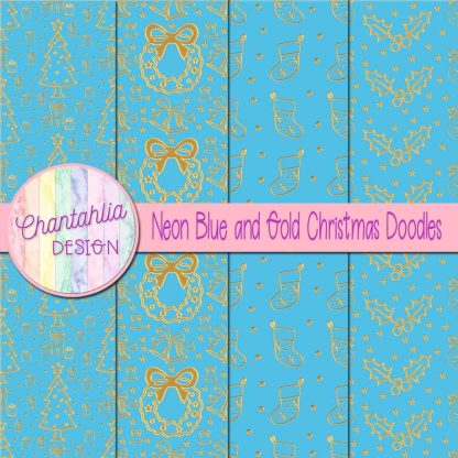 Free neon blue and gold christmas doodles digital papers