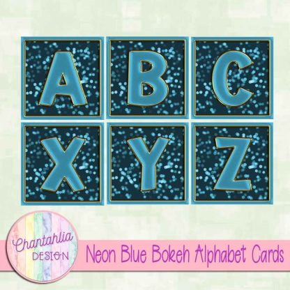 Free neon blue bokeh alphabet cards