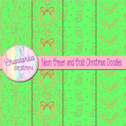 Free neon green and gold christmas doodles digital papers