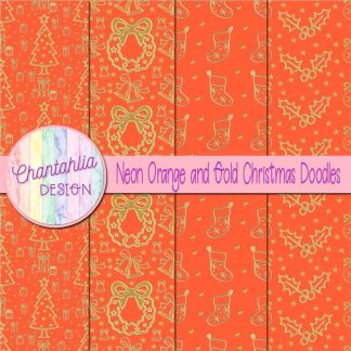Free neon orange and gold christmas doodles digital papers