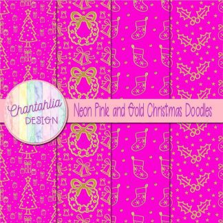 Free neon pink and gold christmas doodles digital papers