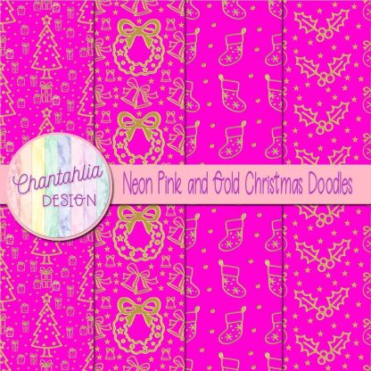 Free neon pink and gold christmas doodles digital papers