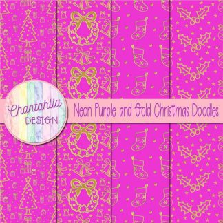 Free neon purple and gold christmas doodles digital papers
