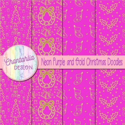 Free neon purple and gold christmas doodles digital papers