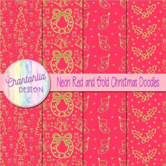 Free neon red and gold christmas doodles digital papers