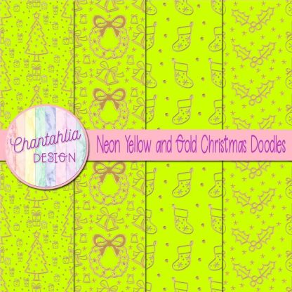 Free neon yellow and gold christmas doodles digital papers
