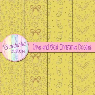 Free olive and gold christmas doodles digital papers