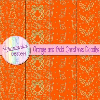 Free orange and gold christmas doodles digital papers