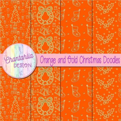 Free orange and gold christmas doodles digital papers