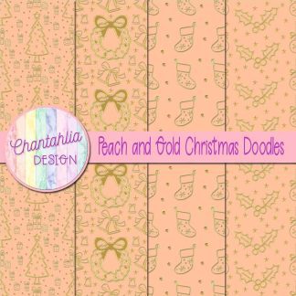 Free peach and gold christmas doodles digital papers
