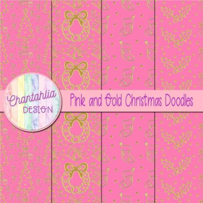 Free pink and gold christmas doodles digital papers