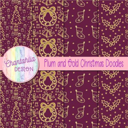Free plum and gold christmas doodles digital papers