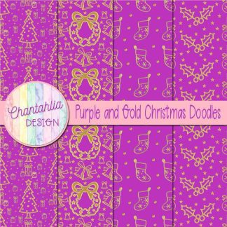Free purple and gold christmas doodles digital papers