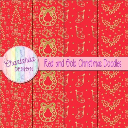 Free red and gold christmas doodles digital papers