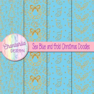 Free sea blue and gold christmas doodles digital papers