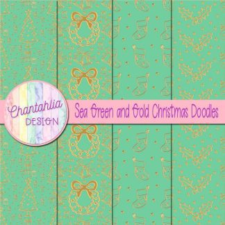 Free sea green and gold christmas doodles digital papers