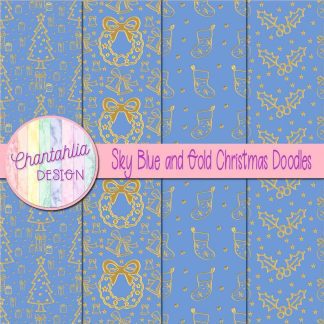 Free sky blue and gold christmas doodles digital papers