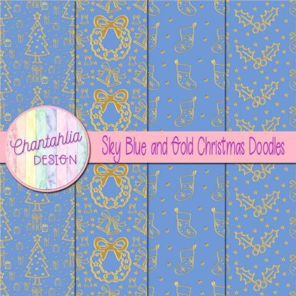 Free sky blue and gold christmas doodles digital papers