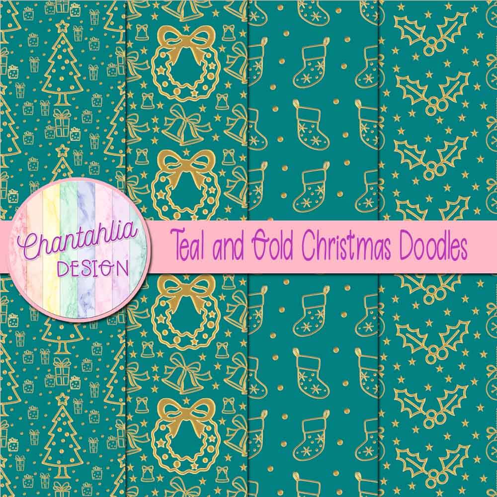Free teal and gold christmas doodles digital papers