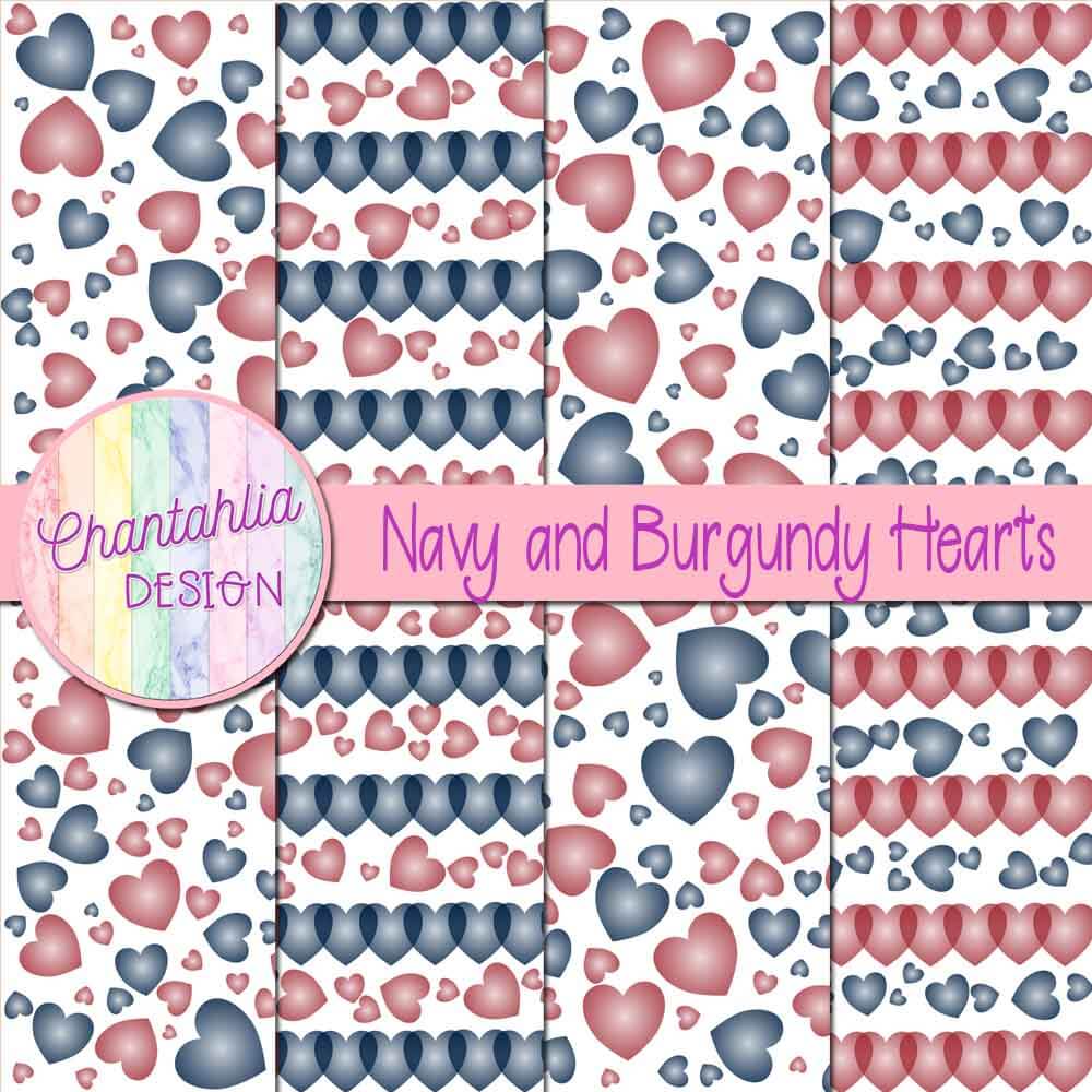 Free navy and burgundy hearts digital papers
