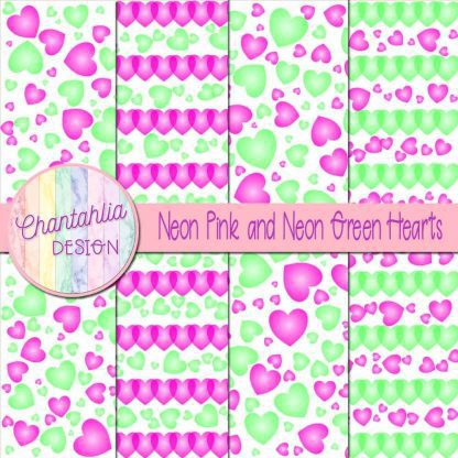 Free neon pink and neon green hearts digital papers