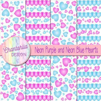 Free neon purple and neon blue hearts digital papers