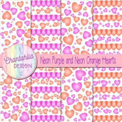 Free neon purple and neon orange hearts digital papers