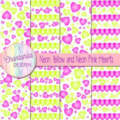 Free neon yellow and neon pink hearts digital papers