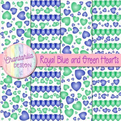 Free royal blue and green hearts digital papers