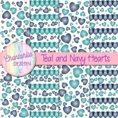 Free teal and navy hearts digital papers