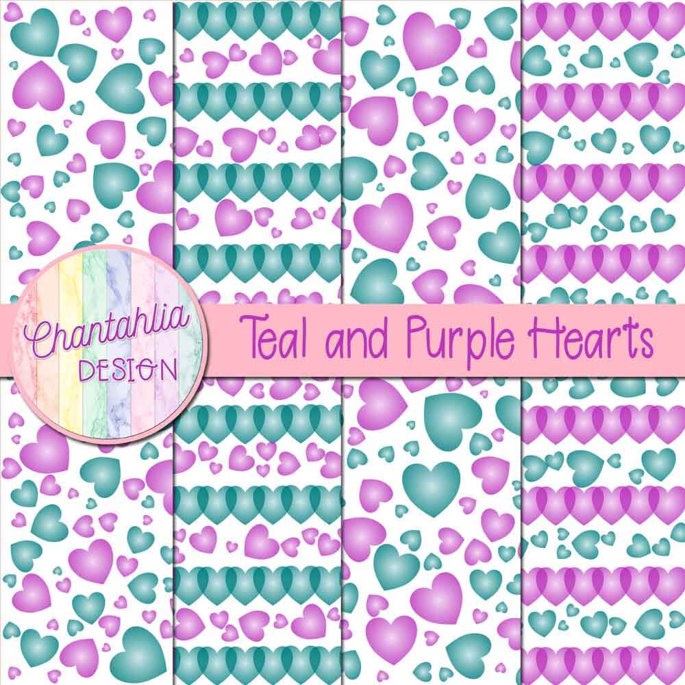 Free teal and purple hearts digital papers