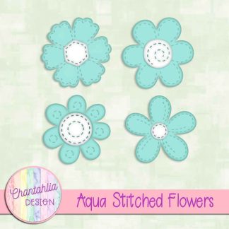 Free aqua stitched flowers design elements