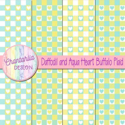 Free daffodil and aqua heart buffalo plaid digital papers