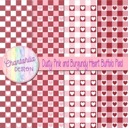 Free dusty pink and burgundy heart buffalo plaid digital papers