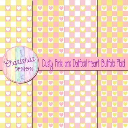 Free dusty pink and daffodil heart buffalo plaid digital papers