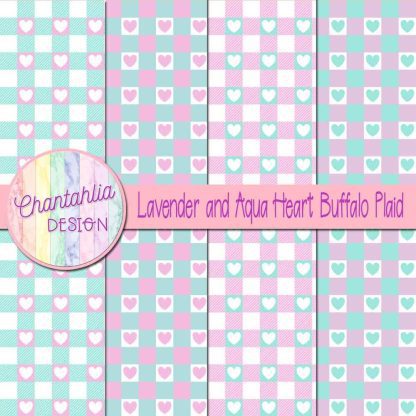 Free lavender and aqua heart buffalo plaid digital papers