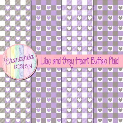 Free lilac and grey heart buffalo plaid digital papers