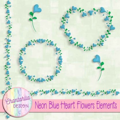 Free neon blue heart flowers design elements