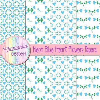 Free neon blue heart flowers digital papers
