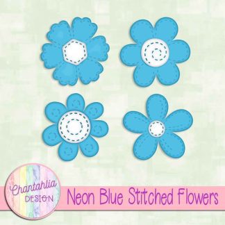 Free neon blue stitched flowers design elements