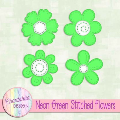 Free neon green stitched flowers design elements