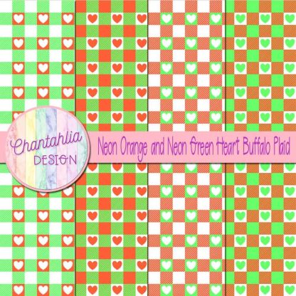 Free neon orange and neon green heart buffalo plaid digital papers