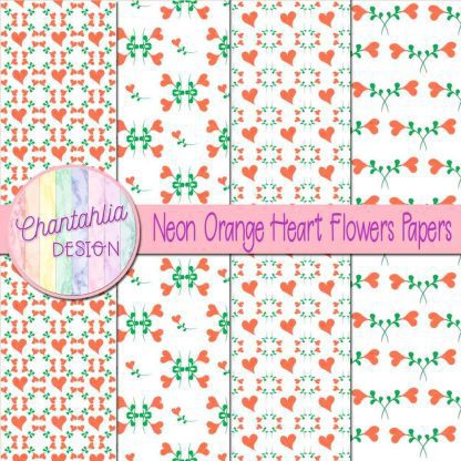 Free neon orange heart flowers digital papers