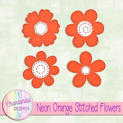 Free neon orange stitched flowers design elements