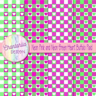 Free neon pink and neon green heart buffalo plaid digital papers