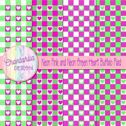 Free neon pink and neon green heart buffalo plaid digital papers