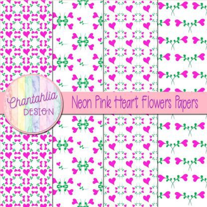 Free neon pink heart flowers digital papers
