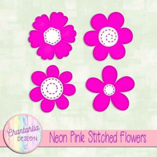Free neon pink stitched flowers design elements
